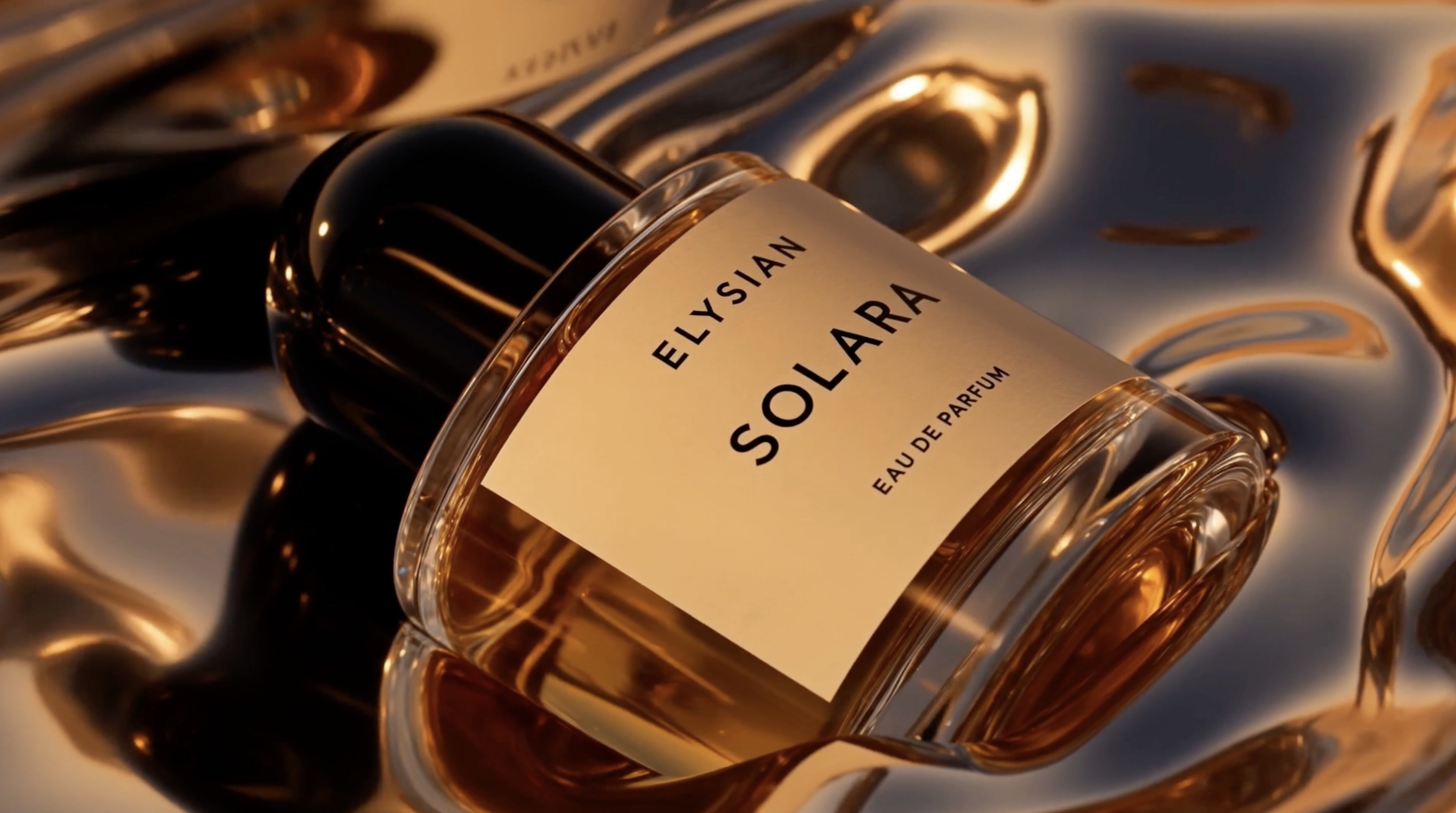 The bottle lying in pooled gold liquid