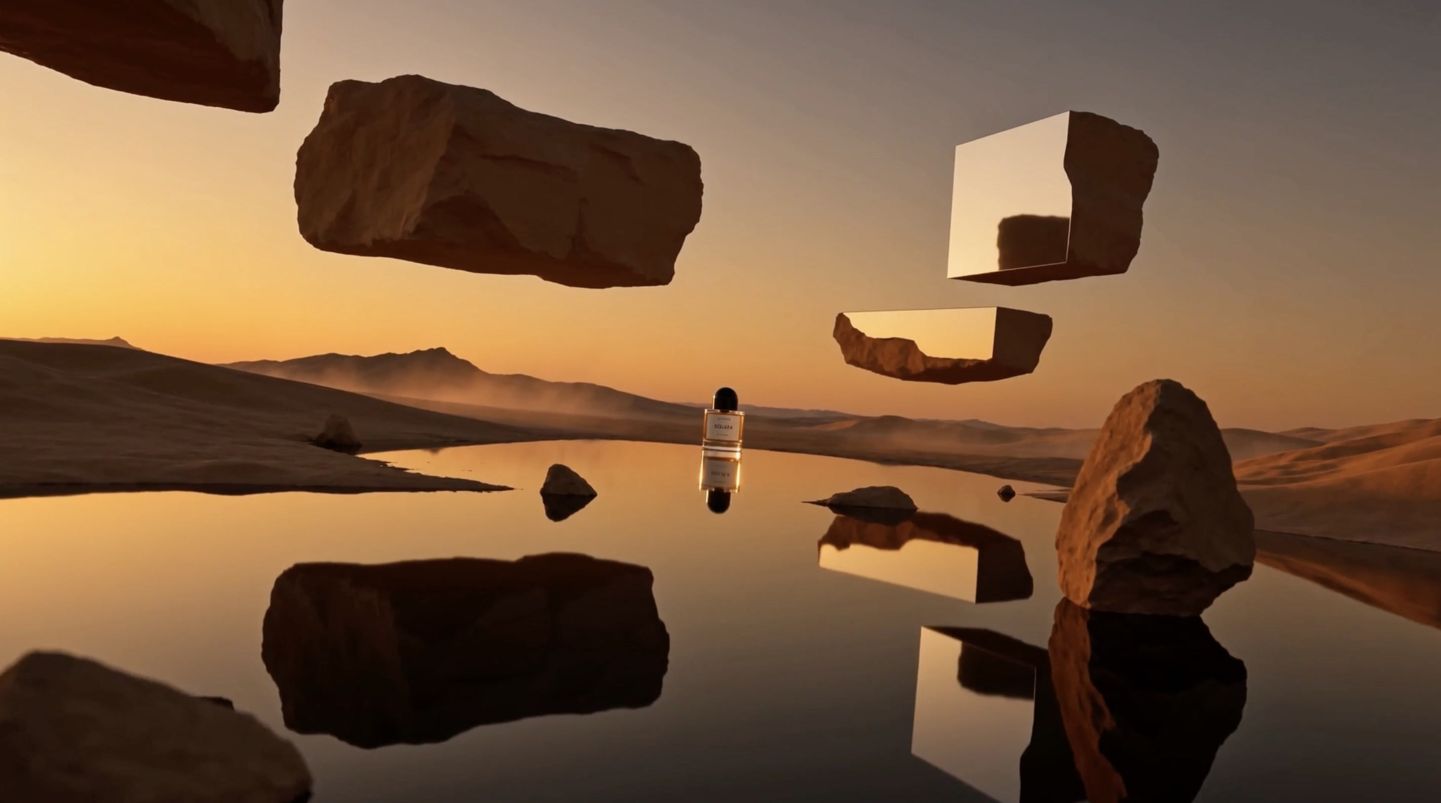 Floating stone over desert water, the bottle small in the distance